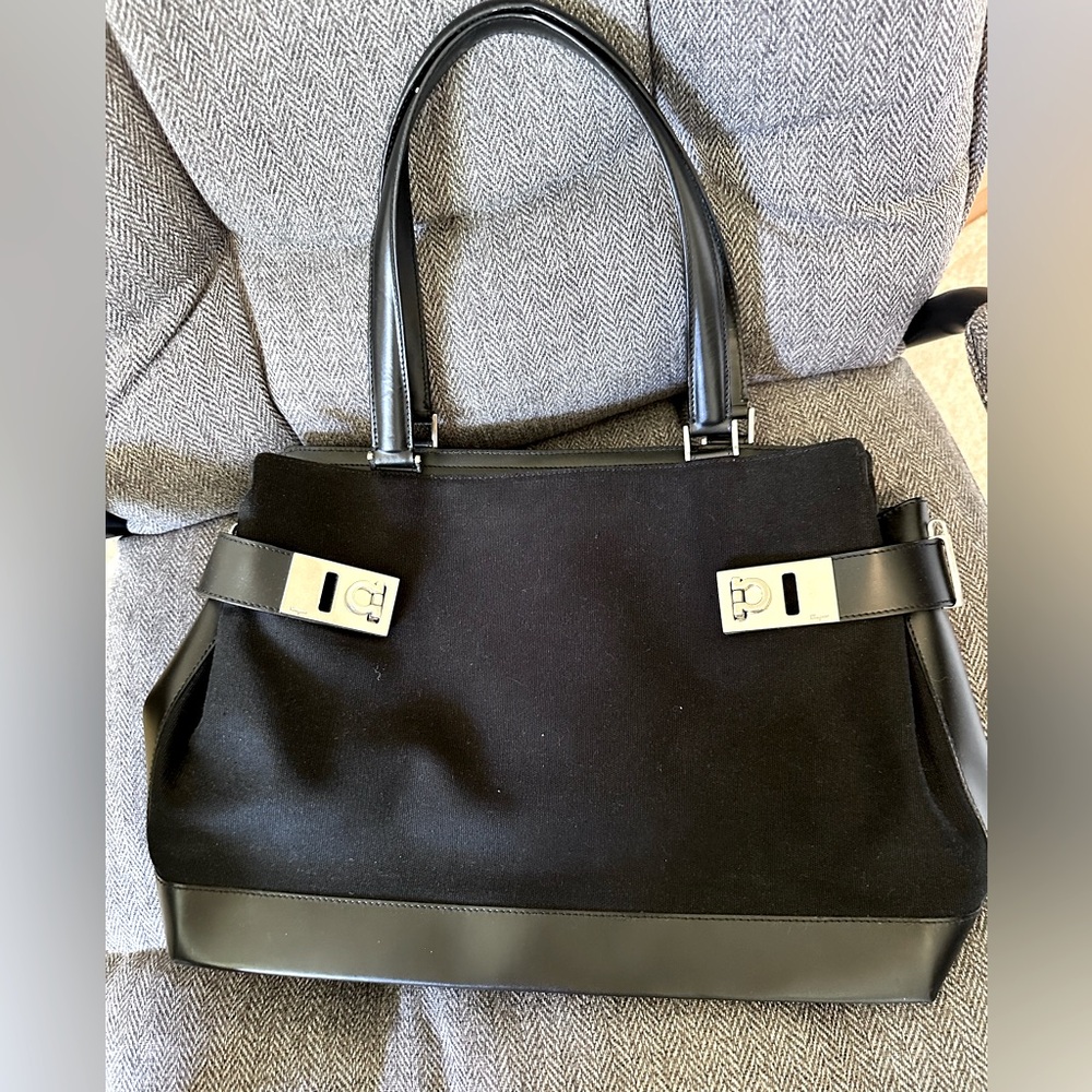 Salvatore Ferragamo Black Canvas and Leather Top Handle